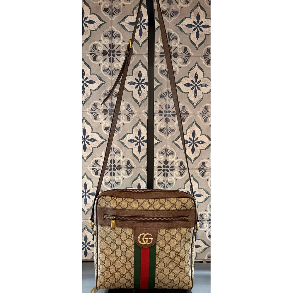 Gucci Brown Beige GG Supreme Canvas Crossbody Bag with Green Red Stripe